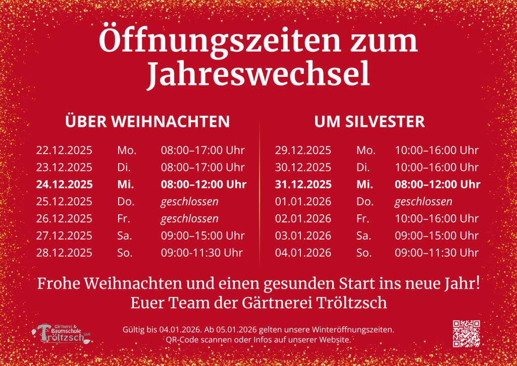 Öffnungszeiten zum Jahreswechsel, über Weihnachten. Um Silvester.