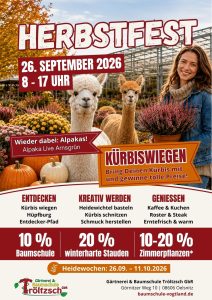 Plakat zum Herbstfest der Gärtnerei Tröltzsch am 26. September 2026 in Oelsnitz/Vogtland mit Kürbiswiegen, Alpakas und Familienprogramm