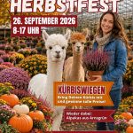 Plakat zum Herbstfest der Gärtnerei Tröltzsch am 26. September 2026 in Oelsnitz/Vogtland mit Kürbiswiegen, Alpakas und Familienprogramm