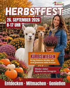 Plakat zum Herbstfest der Gärtnerei Tröltzsch am 26. September 2026 in Oelsnitz/Vogtland mit Kürbiswiegen, Alpakas und Familienprogramm