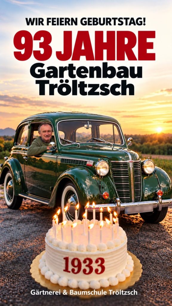 Jubiläumsmotiv mit der Aufschrift „93 Jahre Gartenbau Tröltzsch“, einem Mann in einem grünen Oldtimer und einer Geburtstagstorte mit der Jahreszahl 1933.