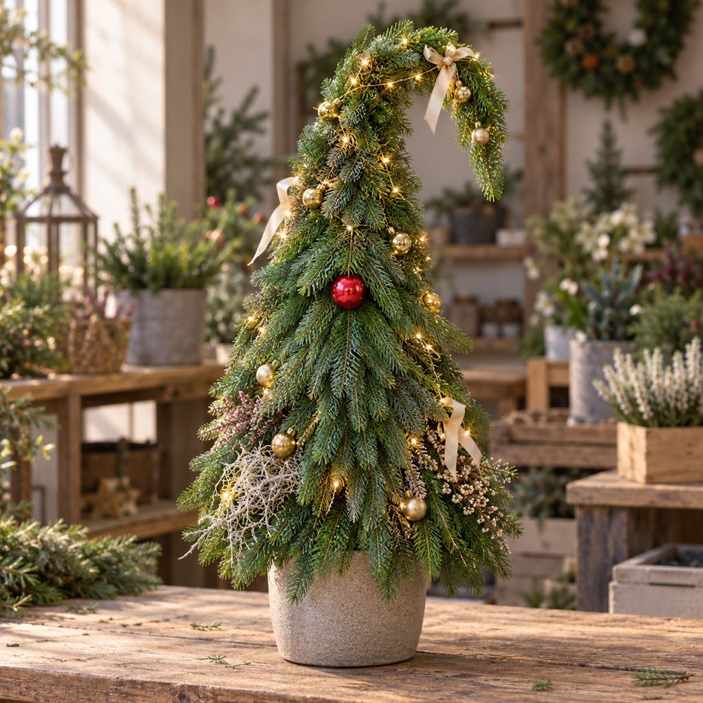 Weihnachtswichtel aus Tannengrün mit roter Kugelnase, Lichterkette und Dekoration in Creme und Gold als Gestaltungsbeispiel für den Workshop.