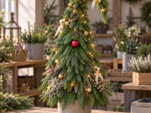 Weihnachtswichtel aus Tannengrün mit roter Kugelnase, Lichterkette und Dekoration in Creme und Gold als Gestaltungsbeispiel für den Workshop.