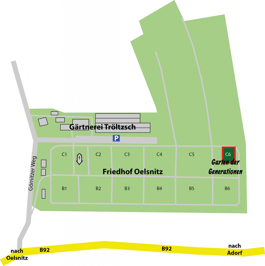 Lageplan Friedhof Oelsnitz mit markiertem Grabfeld C6