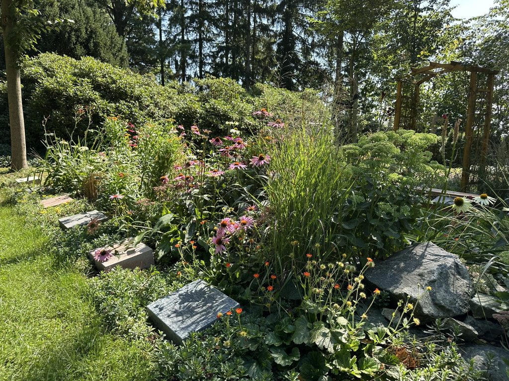 Steingarten mit Findlingen und bodennaher Bepflanzung; reduzierter, beständiger Erinnerungsort.