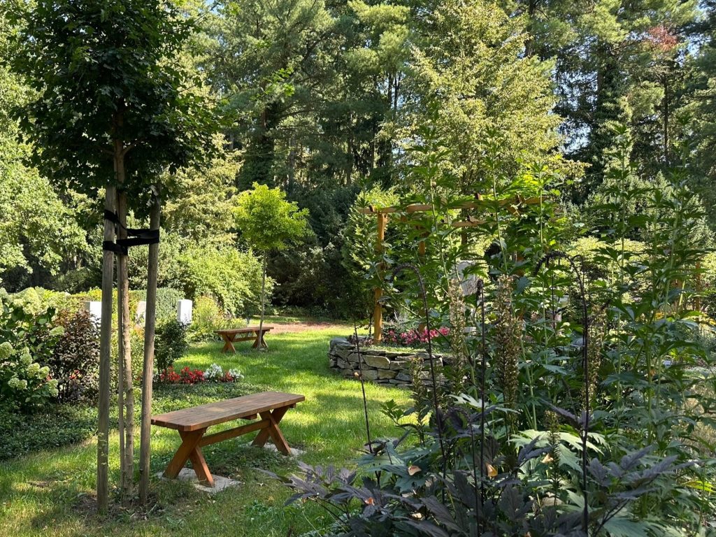 Vier charakteristische Bäume mit Rundbänken; Symbol für Frühling, Sommer, Herbst und Winter.